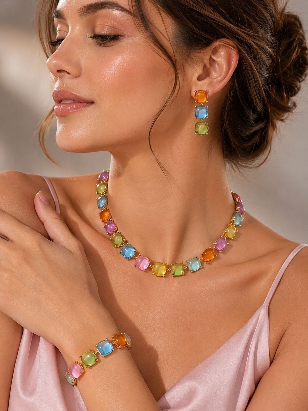 Pastel Multi-Color Crystal Tennis Necklace & Bracelet Set